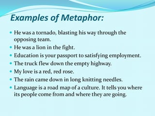 Examples of Metaphor:
 He was a tornado, blasting his way through the
    opposing team.
   He was a lion in the fight.
   Education is your passport to satisfying employment.
   The truck flew down the empty highway.
   My love is a red, red rose.
   The rain came down in long knitting needles.
   Language is a road map of a culture. It tells you where
    its people come from and where they are going.
 