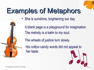 8created by Dianne St Clair
Examples of MetaphorsExamples of Metaphors
• She is sunshine, brightening our day
• A blank pa...