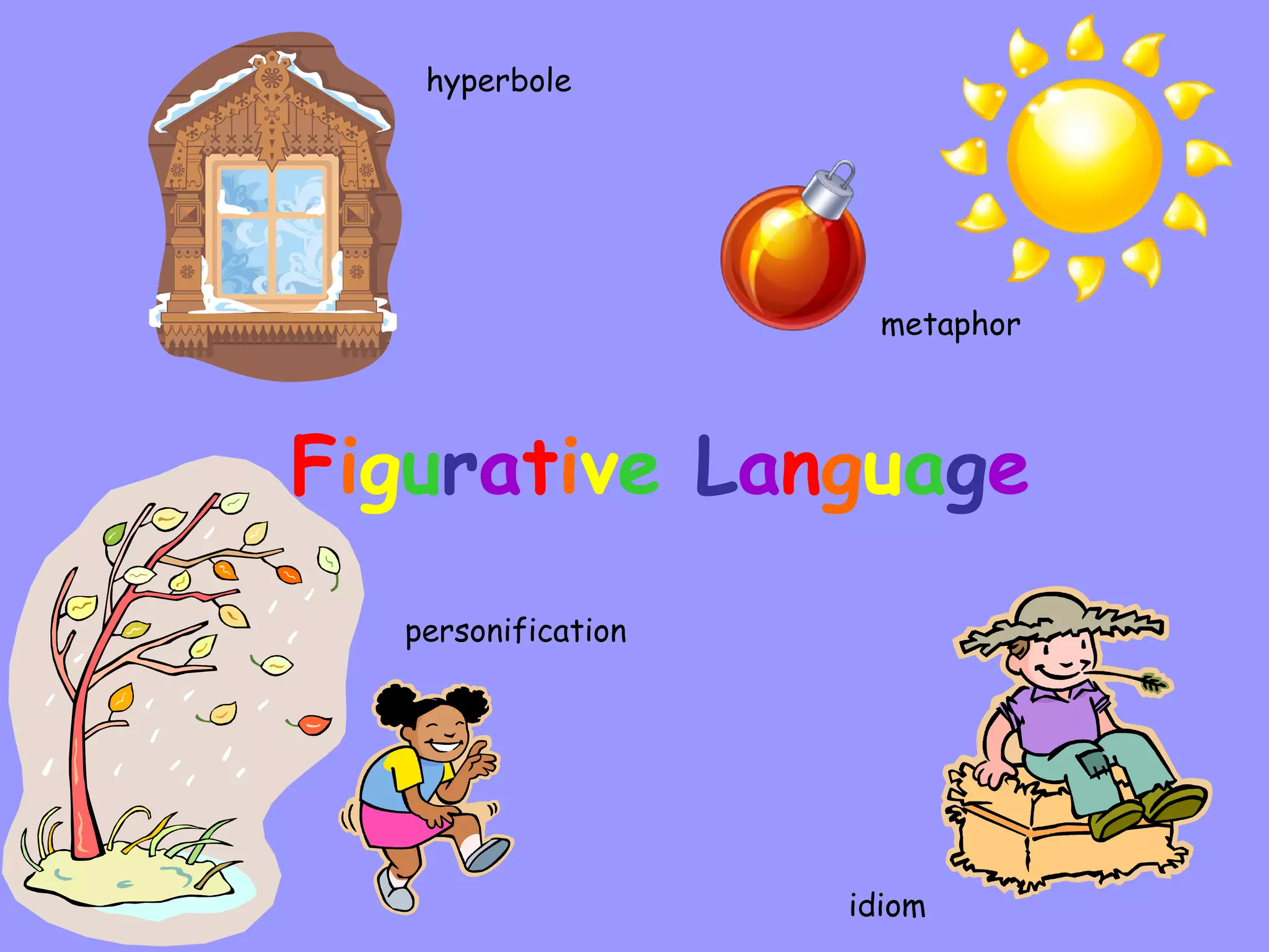 hyperbole

metaphor

Figurative Language
personification

idiom

 