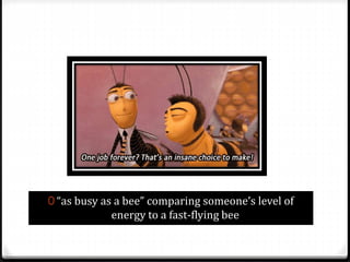0 “as busy as a bee” comparing someone’s level of
energy to a fast-flying bee
 