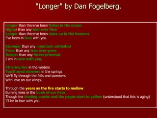 "Longer" by Dan Fogelberg.
Longer than there've been fishes in the ocean
Higher than any bird ever flew
Longer than there've been stars up in the heavens
I've been in love with you.
Stronger than any mountain cathedral
Truer than any tree ever grew
Deeper than any forest primeval
I am in love with you.
I'll bring fire in the winters
You'll send showers in the springs
We'll fly through the falls and summers
With love on our wings.
Through the years as the fire starts to mellow
Burning lines in the book of our lives
Though the binding cracks and the pages start to yellow (understood that this is aging)
I’ll be in love with you.
 
