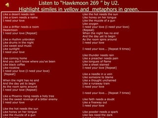 Listen to “Hawkmoon 269 ” by U2.
Highlight similes in yellow and metaphors in green.
Like a desert needs rain
Like a town needs a name
I need your love
Like a drifter needs a room
Hawkmoon
I need your love [Repeat]
Like a rhythm unbroken
Like drums in the night
Like sweet soul music
Like sunlight
I need your love
Like coming home
And you don't know where you've been
Like black coffee
Like nicotine
I need your love (I need your love)
[Repeat]
When the night has no end
And the day yet to begin
As the room spins around
I need your love (Repeat)
Like a Phoenix rising needs a holy tree
Like the sweet revenge of a bitter enemy
I need your love
Like the hot needs the sun
Like honey on her tongue
Like the muzzle of a gun
Like the hot needs the sun
Like honey on her tongue
Like the muzzle of a gun
Like oxygen
I need your love (I need your love)
(Repeat)
When the night has no end
And the day yet to begin
As the room spins around
I need your love
I need your love... [Repeat 9 times]
Like thunder needs rain
Like a preacher needs pain
Like tongues of flame
Like a sheet stained
I need your love [Repeat]
Like a needle in a vein
Like someone to blame
Like a thought unchained
Like a runaway train
I need your love
I need your love... [Repeat 7 times]
Like faith needs a doubt
Like a freeway out
I need your love
Like powder needs a spark
Like lies need the dark
 