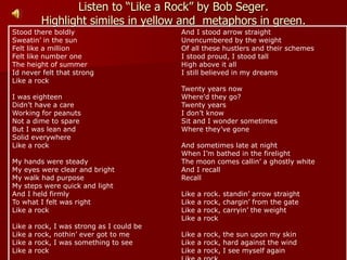 Listen to “Like a Rock” by Bob Seger.
Highlight similes in yellow and metaphors in green.
Stood there boldly
Sweatin’ in the sun
Felt like a million
Felt like number one
The height of summer
Id never felt that strong
Like a rock
I was eighteen
Didn’t have a care
Working for peanuts
Not a dime to spare
But I was lean and
Solid everywhere
Like a rock
My hands were steady
My eyes were clear and bright
My walk had purpose
My steps were quick and light
And I held firmly
To what I felt was right
Like a rock
Like a rock, I was strong as I could be
Like a rock, nothin’ ever got to me
Like a rock, I was something to see
Like a rock
And I stood arrow straight
Unencumbered by the weight
Of all these hustlers and their schemes
I stood proud, I stood tall
High above it all
I still believed in my dreams
Twenty years now
Where’d they go?
Twenty years
I don’t know
Sit and I wonder sometimes
Where they’ve gone
And sometimes late at night
When I’m bathed in the firelight
The moon comes callin’ a ghostly white
And I recall
Recall
Like a rock. standin’ arrow straight
Like a rock, chargin’ from the gate
Like a rock, carryin’ the weight
Like a rock
Like a rock, the sun upon my skin
Like a rock, hard against the wind
Like a rock, I see myself again
 
