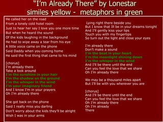 “I’m Already There” by Lonestar
similes yellow - metaphors in green
He called her on the road
From a lonely cold hotel room
Just to hear her say I love you one more time
But when he heard the sound
Of the kids laughing in the background
He had to wipe away a tear from his eye
A little voice came on the phone
Said Daddy when you coming home
He said the first thing that came to his mind
[chorus]
I’m already there
Take a look around
I’m the sunshine in your hair
I’m the shadow on the ground
I’m the whisper in the wind
I’m your imaginary friend
And I know I’m in your prayers
Oh I’m already there
She got back on the phone
Said I really miss you darling
Don’t worry about the kids they’ll be alright
Wish I was in your arms
Lying right there beside you
But I know that Ill be in your dreams tonight
And I’ll gently kiss your lips
Touch you with my fingertips
So turn out the light and close your eyes
I’m already there
Don’t make a sound
I’m the beat in your heart
I’m the moonlight shining down
I’m the whisper in the wind
And I’ll be there until the end
Can you feel the love that we share
Oh I’m already there
We may be a thousand miles apart
But I’ll be with you wherever you are
[chorus]
And I’ll be there until the end
Can you feel the love that we share
Oh I’m already there
Oh I’m already
There
 