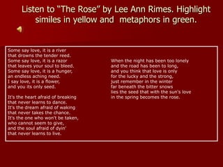 Listen to “The Rose” by Lee Ann Rimes. Highlight
similes in yellow and metaphors in green.
Some say love, it is a river
that drowns the tender reed.
Some say love, it is a razor
that leaves your soul to bleed.
Some say love, it is a hunger,
an endless aching need.
I say love, it is a flower,
and you its only seed.
It's the heart afraid of breaking
that never learns to dance.
It's the dream afraid of waking
that never takes the chance.
It's the one who won't be taken,
who cannot seem to give,
and the soul afraid of dyin'
that never learns to live.
When the night has been too lonely
and the road has been to long,
and you think that love is only
for the lucky and the strong,
just remember in the winter
far beneath the bitter snows
lies the seed that with the sun's love
in the spring becomes the rose.
 