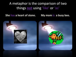 A metaphor is the comparison of two
things not using ‘like’ or ‘as’
She has a heart of stone. My mom is a busy bee.
 