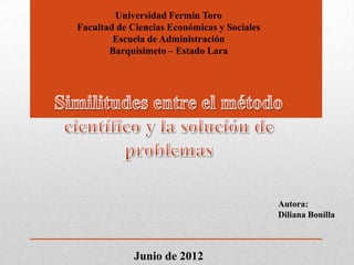 Universidad Fermín Toro
Facultad de Ciencias Económicas y Sociales
        Escuela de Administración
       Barquisimeto – Estado Lara




                                             Autora:
                                             Diliana Bonilla



             Junio de 2012
 
