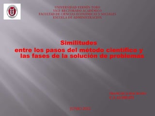 Similitudes
entre los pasos del método científico y
 las fases de la solución de problemas




                             FRANCISCA MACHADO
                             C.I: 13.505.071

                JUNIO 2012
 