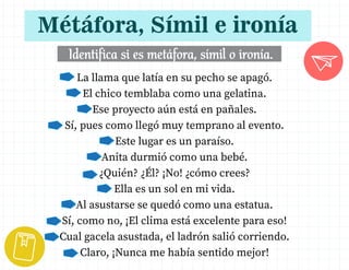 Métáfora, Símil e ironía
€
‚ €
ƒ
ƒ „ €
Identifica si es metáfora, símil o ironía.