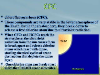 •   chlorofluorocarbons (CFC).
•   These compounds are very stable in the lower atmosphere of
    the Earth, but in the stratosphere, they break down to
    release a free chlorine atom due to ultraviolet radiation.
•   When CFCs and HCFCs reach the
    stratosphere, the ultraviolet
    radiation from the sun causes them
    to break apart and release chlorine
    atoms which react with ozone,
    starting chemical cycles of ozone
    destruction that deplete the ozone
    layer.
•    One chlorine atom can break apart
    more than 100,000 ozone molecules.
 