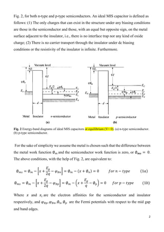 2
Fig. 2, for both n-type and p-type semiconductors. An ideal MIS capacitor is defined as
follows: (1) The only charges that can exist in the structure under any biasing conditions
are those in the semiconductor and those, with an equal but opposite sign, on the metal
surface adjacent to the insulator, i.e., there is no interface trap nor any kind of oxide
charge; (2) There is no carrier transport through the insulator under dc biasing
conditions or the resistivity of the insulator is infinite. Furthermore.
Fig. 2 Energy-band diagrams of ideal MIS capacitors at equilibrium (V= 0). (a) n-type semiconductor.
(b) p-type semiconductor.
For the sake of simplicity we assume the metal is chosen such that the difference between
the metal work function ∅ 𝑚 and the semiconductor work function is zero, or ∅ 𝒎𝒔 = 0.
The above conditions, with the help of Fig. 2, are equivalent to:
∅ 𝑚𝑠 = ∅ 𝑚 − [𝑥 +
𝐸𝑔
2𝑞
− 𝜑 𝐵𝑛] = ∅ 𝑚 − (𝑥 + ∅ 𝑛) = 0 𝑓𝑜𝑟 𝑛 − 𝑡𝑦𝑝𝑒 (1𝑎)
∅ 𝑚𝑠 = ∅ 𝑚 − [𝑥 +
𝐸𝑔
2𝑞
− 𝜑 𝐵𝑝] = ∅ 𝑚 − (𝑥 +
𝐸𝑔
𝑞
− ∅ 𝑝) = 0 𝑓𝑜𝑟 𝑝 − 𝑡𝑦𝑝𝑒 (1𝑏)
Where 𝑥 and 𝑥𝑖 are the electron affinities for the semiconductor and insulator
respectively, and 𝜑 𝐵𝑝, 𝜑 𝐵𝑛, ∅ 𝑛, ∅ 𝑝 are the Fermi potentials with respect to the mid gap
and band edges.
 
