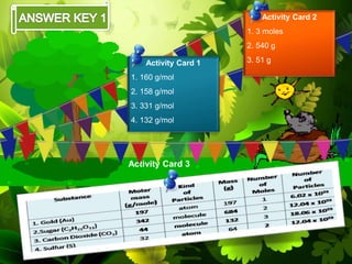 Activity Card 3
Activity Card 1
1. 160 g/mol
2. 158 g/mol
3. 331 g/mol
4. 132 g/mol
Activity Card 2
1. 3 moles
2. 540 g
3. 51 g
 