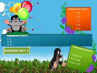 1. C
2. B
3. A
Assessment Card 1
1. B
2. D
3. C
4. B
5. D
 