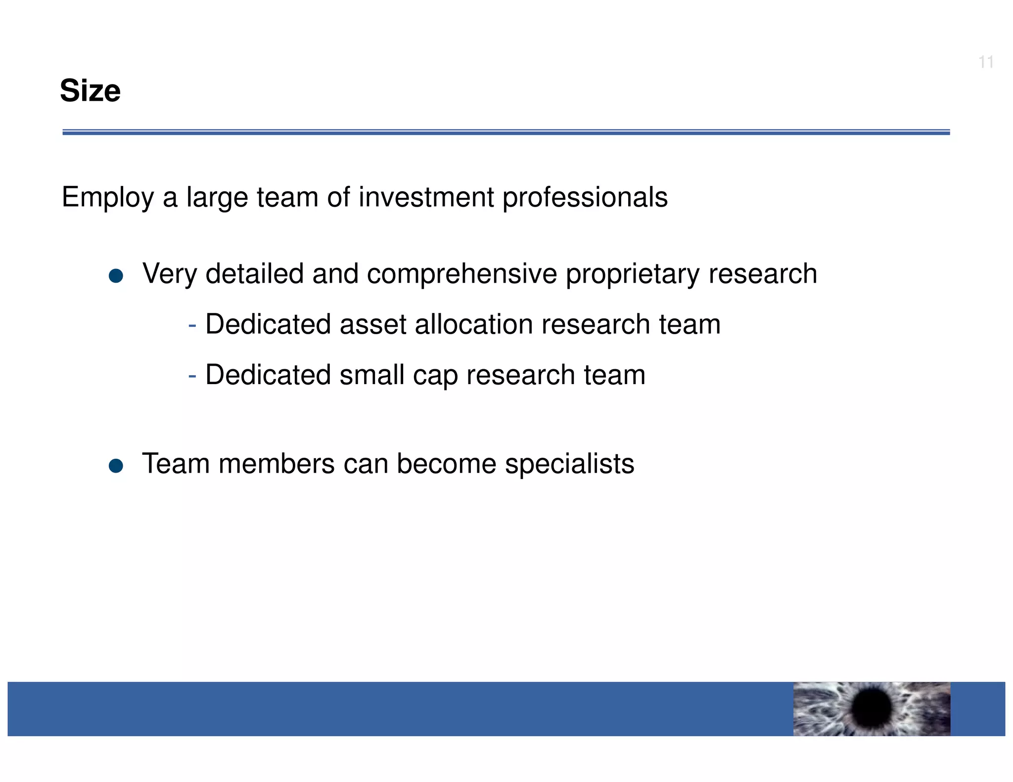 11
Size


Employ a large team of investment professionals

       Very detailed and comprehensive proprietary research
          - Dedicated asset allocation research team
          - Dedicated small cap research team


       Team members can become specialists
 