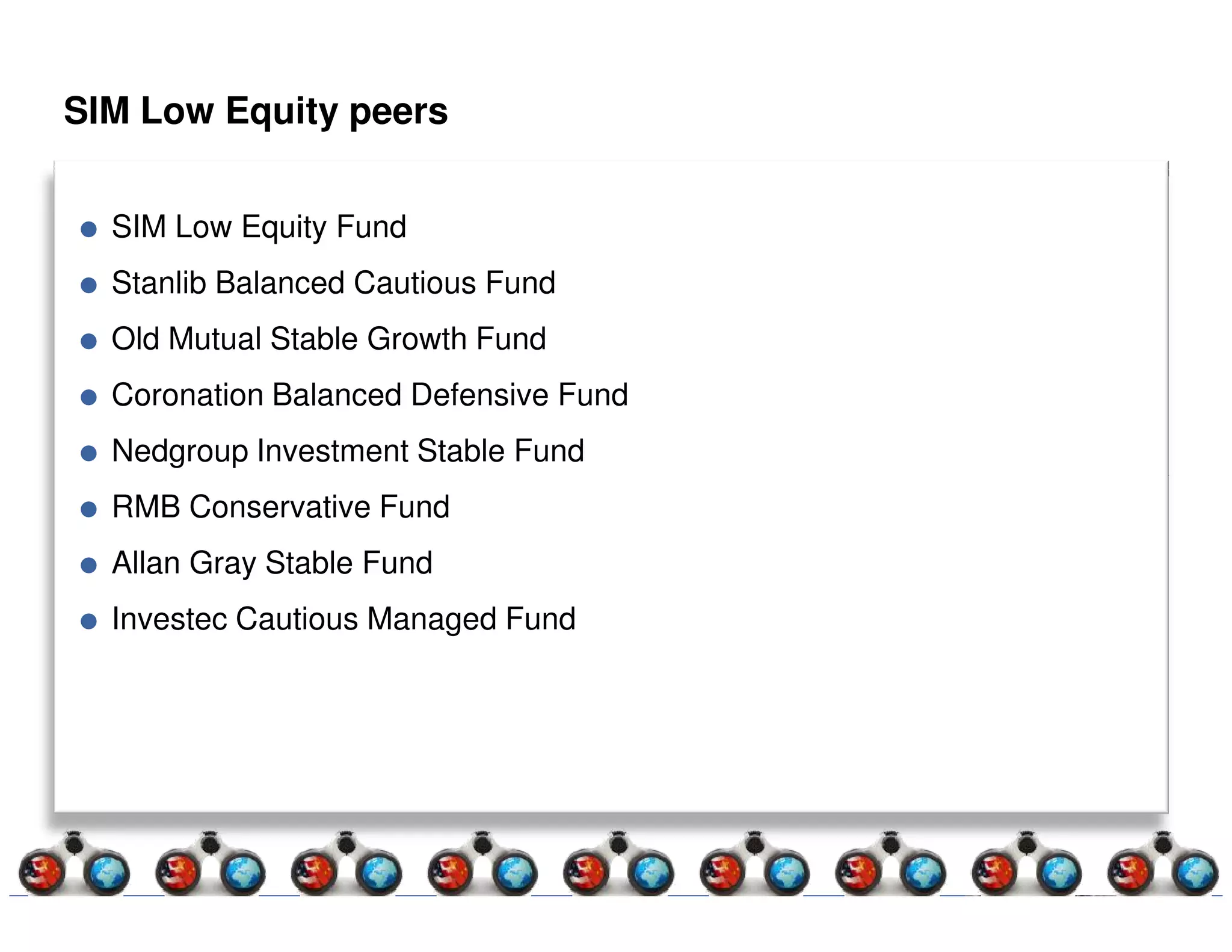 SIM Low Equity peers


  SIM Low Equity Fund
  Stanlib Balanced Cautious Fund
  Old Mutual Stable Growth Fund
  Coronation Balanced Defensive Fund
  Nedgroup Investment Stable Fund
  RMB Conservative Fund
  Allan Gray Stable Fund
  Investec Cautious Managed Fund
 