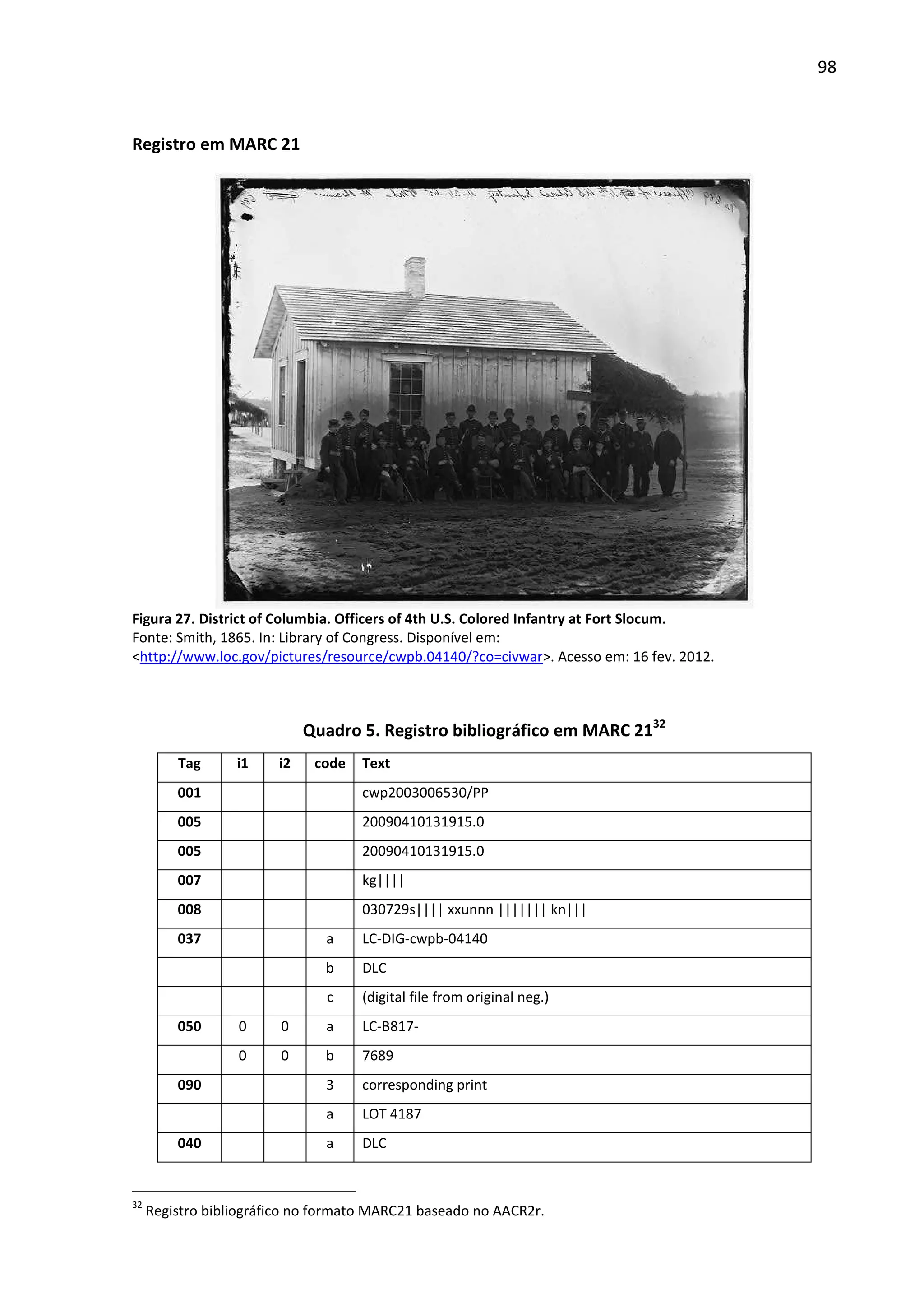 98



Registro em MARC 21




Figura 27. District of Columbia. Officers of 4th U.S. Colored Infantry at Fort Slocum.
Fonte: Smith, 1865. In: Library of Congress. Disponível em:
<http://www.loc.gov/pictures/resource/cwpb.04140/?co=civwar>. Acesso em: 16 fev. 2012.



                             Quadro 5. Registro bibliográfico em MARC 2132
         Tag      i1    i2    code   Text
         001                         cwp2003006530/PP
         005                         20090410131915.0
         005                         20090410131915.0
         007                         kg||||
         008                         030729s|||| xxunnn ||||||| kn|||
         037                   a     LC-DIG-cwpb-04140
                               b     DLC
                               c     (digital file from original neg.)
         050      0      0     a     LC-B817-
                  0      0     b     7689
         090                   3     corresponding print
                               a     LOT 4187
         040                   a     DLC


32
     Registro bibliográfico no formato MARC21 baseado no AACR2r.
 