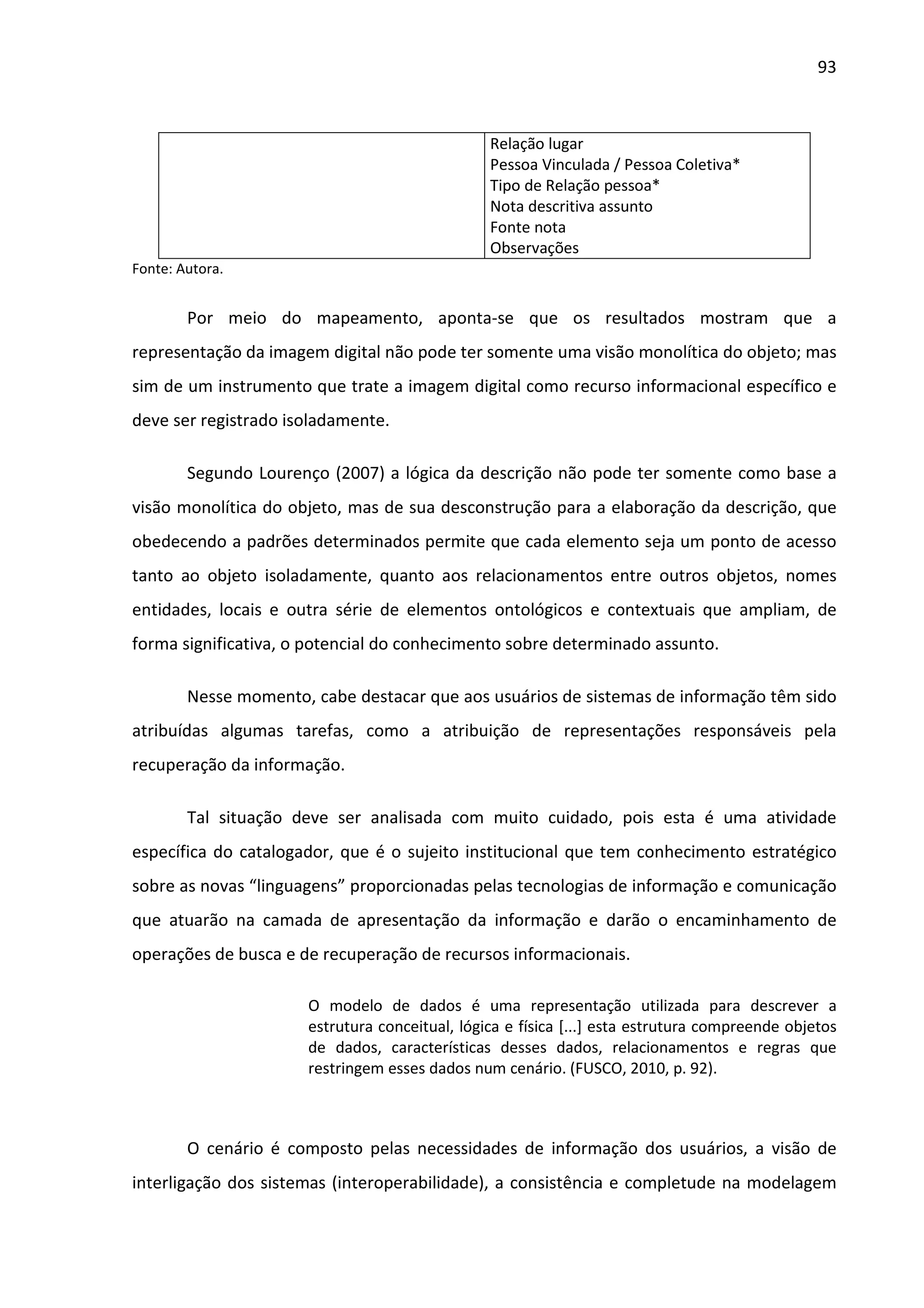 93



                                                Relação lugar
                                                Pessoa Vinculada / Pessoa Coletiva*
                                                Tipo de Relação pessoa*
                                                Nota descritiva assunto
                                                Fonte nota
                                                Observações
Fonte: Autora.


        Por meio do mapeamento, aponta-se que os resultados mostram que a
representação da imagem digital não pode ter somente uma visão monolítica do objeto; mas
sim de um instrumento que trate a imagem digital como recurso informacional específico e
deve ser registrado isoladamente.

        Segundo Lourenço (2007) a lógica da descrição não pode ter somente como base a
visão monolítica do objeto, mas de sua desconstrução para a elaboração da descrição, que
obedecendo a padrões determinados permite que cada elemento seja um ponto de acesso
tanto ao objeto isoladamente, quanto aos relacionamentos entre outros objetos, nomes
entidades, locais e outra série de elementos ontológicos e contextuais que ampliam, de
forma significativa, o potencial do conhecimento sobre determinado assunto.

        Nesse momento, cabe destacar que aos usuários de sistemas de informação têm sido
atribuídas algumas tarefas, como a atribuição de representações responsáveis pela
recuperação da informação.

        Tal situação deve ser analisada com muito cuidado, pois esta é uma atividade
específica do catalogador, que é o sujeito institucional que tem conhecimento estratégico
sobre as novas “linguagens” proporcionadas pelas tecnologias de informação e comunicação
que atuarão na camada de apresentação da informação e darão o encaminhamento de
operações de busca e de recuperação de recursos informacionais.

                      O modelo de dados é uma representação utilizada para descrever a
                      estrutura conceitual, lógica e física [...] esta estrutura compreende objetos
                      de dados, características desses dados, relacionamentos e regras que
                      restringem esses dados num cenário. (FUSCO, 2010, p. 92).



        O cenário é composto pelas necessidades de informação dos usuários, a visão de
interligação dos sistemas (interoperabilidade), a consistência e completude na modelagem
 