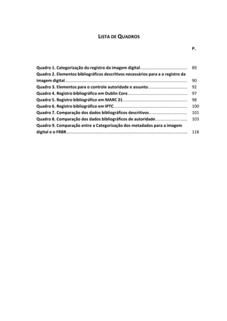 9



                                                 LISTA DE QUADROS
                                                                                                                            P.



Quadro 1. Categorização do registro da imagem digital.........................................                              89
Quadro 2. Elementos bibliográficos descritivos necessários para a o registro da
imagem digital..........................................................................................................    90
Quadro 3. Elementos para o controle autoridade e assunto..................................                                  92
Quadro 4. Registro bibliográfico em Dublin Core....................................................                         97
Quadro 5. Registro bibliográfico em MARC 21........................................................                         98
Quadro 6. Registro bibliográfico em IPTC................................................................                    100
Quadro 7. Comparação dos dados bibliográficos descritivos.................................                                  101
Quadro 8. Comparação dos dados bibliográficos de autoridade............................                                     103
Quadro 9. Comparação entre a Categorização dos metadados para a imagem
digital e o FRBR.........................................................................................................   118
 