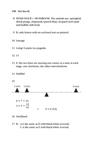 8 MOMS HOUR = MUSHROOM. The animals are: springbok
(brisk pong), chipmunk (punch Kim), leopard (red opal)
and buffalo (fab foul)
9 R; only letters with an enclosed area as printed.
10 Lineage
11 A dog! A panic in a pagoda.
12 11
13 E; the two lines are moving one corner at a time at each
stage, one clockwise, the other anti-clockwise.
14 Faithful
15
6 × 7 = 42
4 × 3 = 
1
5
2
4

= 9 × 6 (54)
16 Oscillated
17 B; A is the same as D with black/white reversal;
C is the same as E with black/white reversal.
170 Test Your IQ
 
