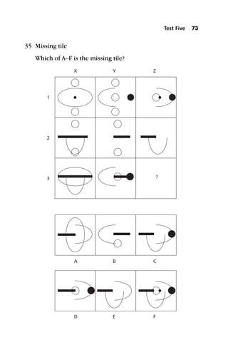 35 Missing tile
Which of A–F is the missing tile?
Test Five 73
X
A
D
Y
B
E
Z
C
F
?
1
2
3
 