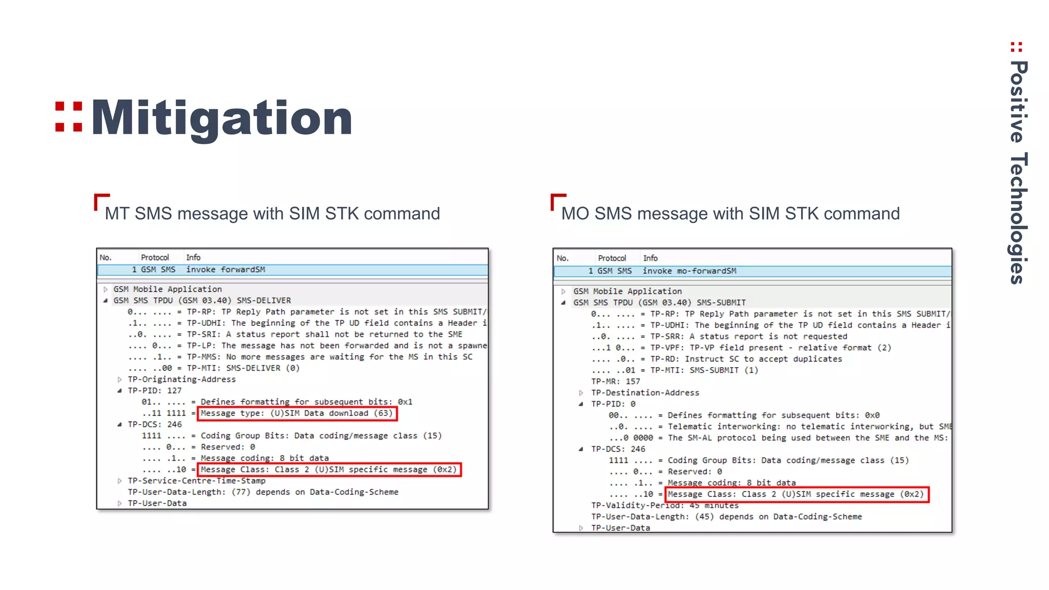 Mitigation
VMT SMS message with SIM STK command VMO SMS message with SIM STK command
 