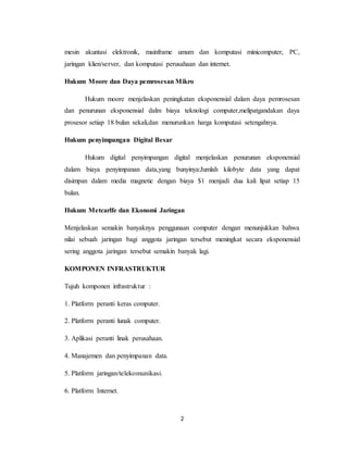 2
mesin akuntasi elektronik, mainframe umum dan komputasi minicomputer, PC,
jaringan klien/server, dan komputasi perusahaan dan internet.
Hukum Moore dan Daya pemrosesan Mikro
Hukum moore menjelaskan peningkatan eksponensial dalam daya pemrosesan
dan penurunan eksponensial dalm biaya teknologi computer,melipatgandakan daya
prosesor setiap 18 bulan sekali,dan menurunkan harga komputasi setengahnya.
Hukum penyimpangan Digital Besar
Hukum digital penyimpangan digital menjelaskan penurunan eksponensial
dalam biaya penyimpanan data,yang bunyinya:Jumlah kilobyte data yang dapat
disimpan dalam media magnetic dengan biaya $1 menjadi dua kali lipat setiap 15
bulan.
Hukum Metcarlfe dan Ekonomi Jaringan
Menjelaskan semakin banyaknya penggunaan computer dengan menunjukkan bahwa
nilai sebuah jaringan bagi anggota jaringan tersebut meningkat secara eksponensial
sering anggota jaringan tersebut semakin banyak lagi.
KOMPONEN INFRASTRUKTUR
Tujuh komponen infrastruktur :
1. Platform peranti keras computer.
2. Platform peranti lunak computer.
3. Aplikasi peranti linak perusahaan.
4. Manajemen dan penyimpanan data.
5. Platform jaringan/telekomunikasi.
6. Platform Internet.
 