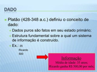 DADO

   Platão (428-348 a.c.) definiu o conceito de
    dado:
     Dados   puros são fatos em seu estado primário;
     Estrutura fundamental sobre a qual um sistema
      de informação é construído.
     Ex.: 35
         Ricardo
         500
                                   Informação
                               Média de idade: 35 anos;
                           Ricardo ganha R$ 500,00 por mês;
 