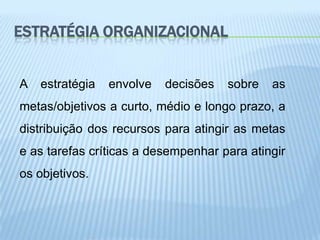 ESTRATÉGIA ORGANIZACIONAL


A   estratégia   envolve   decisões   sobre   as
metas/objetivos a curto, médio e longo prazo, a
distribuição dos recursos para atingir as metas
e as tarefas críticas a desempenhar para atingir
os objetivos.
 