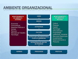 AMBIENTE ORGANIZACIONAL

    MONITORAMENTO                  VISÃO              MONITORAMENTO
     DO AMBIENTE                                       DO AMBIENTE
       EXTERNO                                           INTERNO
                                   MISSÃO
   Economia                                          Cultura
   Concorrência                                      Pessoas
                                 ESTRATÉGIA          Capital
   Aspectos Políticos e
   Sociais                                           Tecnologia
   Recurso                                           Infra-estrutura
   Mercado de Trabalho            CULTURA            Propriedade
   Tecnologia                                        Intelectual / Industrial
                          ESTRUTURA ORGANIZACIONAL   Recursos Disponíveis
                              E ESTILO GERENCIAL     Investimentos
                                                     Desenvolvimento e
                            ESTRATÉGIA DE GESTÃO     Pesquisa
                                 DE PESSOAS




          NORMAS                 PROCESSOS               PRÁTICAS
 
