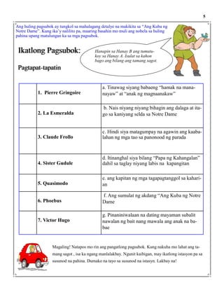 Ikatlong Pagsubok:
Magaling! Natapos mo rin ang pangatlong pagsubok. Kung nakuha mo lahat ang ta-
mang sagot , isa ka ngang manlalakbay. Ngunit kaibigan, may ikatlong istasyon pa sa
susunod na pahina. Dumako na tayo sa susunod na istasyn. Lakbay na!
5
Ang huling pagsubok ay tungkol sa mahalagang detalye na makikita sa “Ang Kuba ng
Notre Dame”. Kung ika’y nalilito pa, maaring basahin mo muli ang nobela sa huling
pahina upang matulungan ka sa mga pagsubok.
1. Pierre Gringoire
a. Tinawag siyang babaeng “hamak na mana-
nayaw” at “anak ng magnaanakaw”
2. La Esmeralda
b. Nais niyang niyang bihagin ang dalaga at ita-
go sa kaniyang selda sa Notre Dame
3. Claude Frollo
c. Hindi siya matagumpay na agawin ang kaaba-
lahan ng mga tao sa panonood ng parada
4. Sister Gudule
d. Itinanghal siya bilang “Papa ng Kahangalan”
dahil sa taglay niyang labis na kapangitan
5. Quasimodo
e. ang kapitan ng mga tagapagtanggol sa kahari-
an
6. Phoebus
f. Ang sumulat ng akdang “Ang Kuba ng Notre
Dame
7. Victor Hugo
g. Pinaniniwalaan na dating mayaman subalit
nawalan ng bait nang mawala ang anak na ba-
bae
Pagtapat-tapatin
Hanapin sa Hanay B ang tumutu-
koy sa Hanay A. Isulat sa kahon
bago ang bilang ang tamang sagot.
 