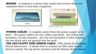 IDE CABLE / FLOPPY CABLES
MODEM
MODEM – A modem is a device that sends and receives data over
telephone lines to and from computers.
•POWER CABLES – it supplies power from the power supply to the
drive. The power cables are red, yellow and black. The yellow wire
furnishes 12 volts of power, the red wire furnishes 5 volts of power,
the two black wire are ground wire for each.
•IDE AND FLOPPY DISK RIBBON CABLE – IDE stands for Integrate
Device Electronics. It shows how to connect an IDE cable to two
devices namely the top device (master) and the bottom device (slave).mcbangi
 