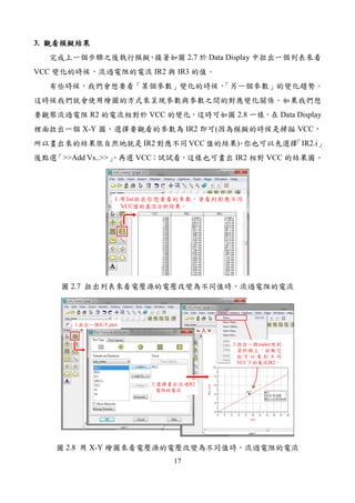 17
3. 觀看模擬結果觀看模擬結果觀看模擬結果觀看模擬結果
完成上一個步驟之後執行模擬，接著如圖 2.7 於 Data Display 中拉出一個列表來看
VCC 變化的時候，流過電阻的電流 IR2 與 IR3 的值。
有些時候，我們會想要看「某個參數」變化的時候，「另一個參數」的變化趨勢。
這時候我們就會使用繪圖的方式來呈現參數與參數之間的對應變化關係。如果我們想
要觀察流過電阻 R2 的電流相對於 VCC 的變化，這時可如圖 2.8 一樣，在 Data Display
裡面拉出一個 X-Y 圖，選擇要觀看的參數為 IR2 即可(因為模擬的時候是掃描 VCC，
所以畫出來的結果很自然地就是 IR2 對應不同 VCC 值的結果)。你也可以先選擇「IR2.i」
後點選「>>Add Vs..>>」，再選 VCC；試試看，這樣也可畫出 IR2 相對 VCC 的結果圖。
1.用list拉出你想要看的參數，會看到對應不同
VCC值的直流分析結果。
圖 2.7 拉出列表來看電壓源的電壓改變為不同值時，流過電阻的電流
1.拉出一個X-Y plot
2.選擇畫出流過R2
電阻的電流
3.拉出一個maker放到
資料線上，拉動它
就 可 以 看 到 不 同
VCC下的電流IR2。
圖 2.8 用 X-Y 繪圖來看電壓源的電壓改變為不同值時，流過電阻的電流
 