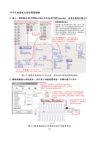 27
3.3 CE 組態放大器的暫態模擬組態放大器的暫態模擬組態放大器的暫態模擬組態放大器的暫態模擬
1. 將上一個實驗的將上一個實驗的將上一個實驗的將上一個實驗的 BC550Bias2.dsn 另存為另存為另存為另存為 BC550Trans.dsn，，，，並修改電路如圖並修改電路如圖並修改電路如圖並修改電路如圖 3.2。。。。
1. 拉 出 一 個 時 域時 域時 域時 域 的 弦 波 source ，
弦波的振幅設定為1 mV，頻率1 kHz。
2. 拉 出 一 個
暫態模擬器
3. 拉出兩個理想理想理想理想電容，分別放在輸入
(讓直流偏壓跟輸入小訊號隔離)跟輸出
(我們只想觀察交流，不想看直流)。
暫態模擬器的設定暫態模擬器的設定暫態模擬器的設定暫態模擬器的設定
由於輸入弦波的頻率為1 kHz，代表一個
週期是1 ms。所以模擬器的StopTime設定
為10 ms指的是要看10個週期的結果，而
MaxTimeStep則是模擬器每間隔多少時間
(最大值)要模擬一個點的意思。根據取樣
定理，這個值不可高於0.5 ms)
圖 3.2 偏壓完成後的 CE 放大器，開始進行時域的暫態模擬
2. 觀察模擬後之時域波形觀察模擬後之時域波形觀察模擬後之時域波形觀察模擬後之時域波形，，，，並計算小訊號電壓增益並計算小訊號電壓增益並計算小訊號電壓增益並計算小訊號電壓增益。。。。步驟如圖步驟如圖步驟如圖步驟如圖 3.3 所示所示所示所示。。。。
1. 模擬完後，看TRAN.Vin與TRAN.Vout的波形。
這裡的TRAN.指的是暫態模擬的結果，如果前
面是DC.代表是直流模擬的結果。
2. 因為輸入跟輸出，我們都已經用理想電容跟直
流隔開了，所以你可以直接在「同一個時刻下」
(假設放大器延遲很小)去比較輸入與輸出訊號
的振幅。
3. 寫個方程式就可以算出
電壓增益了。非常接近
題目要求的40倍。
圖 3.3 觀察模擬後之時域波形並計算電壓增益
 