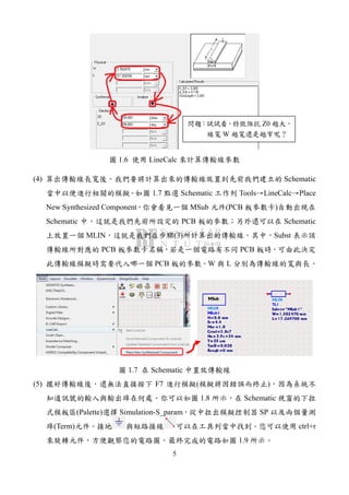 5
圖 1.6 使用 LineCalc 來計算傳輸線參數
(4) 算出傳輸線長寬後，我們要將計算出來的傳輸線放置到先前我們建立的 Schematic
當中以便進行相關的模擬。如圖 1.7 點選 Schematic 工作列 Tools→LineCalc→Place
New Synthesized Component，你會看見一個 MSub 元件(PCB 板參數卡)自動出現在
Schematic 中，這就是我們先前所設定的 PCB 板的參數；另外還可以在 Schematic
上放置一個 MLIN，這就是我們在步驟(3)所計算出的傳輸線。其中，Subst 表示該
傳輸線所對應的 PCB 板參數卡名稱，若是一個電路有不同 PCB 板時，可由此決定
此傳輸線模擬時需要代入哪一個 PCB 板的參數。W 與 L 分別為傳輸線的寬與長。
圖 1.7 在 Schematic 中置放傳輸線
(5) 擺好傳輸線後，還無法直接按下 F7 進行模擬(模擬將因錯誤而終止)，因為系統不
知道訊號的輸入與輸出埠在何處。你可以如圖 1.8 所示，在 Schematic 視窗的下拉
式模板區(Palette)選擇 Simulation-S_param，從中拉出模擬控制器 SP 以及兩個量測
埠(Term)元件。接地 與短路接線 可以在工具列當中找到。您可以使用 ctrl+r
來旋轉元件，方便觀察您的電路圖。最終完成的電路如圖 1.9 所示。
問題：試試看，特徵阻抗 Z0 越大，
線寬 W 越寬還是越窄呢？
 