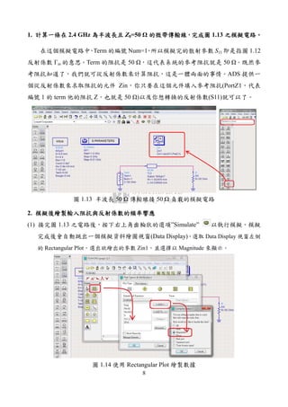 8
1. 計算一條在計算一條在計算一條在計算一條在 2.4 GHz 為半波長且為半波長且為半波長且為半波長且 Z0=50 的微帶傳輸線的微帶傳輸線的微帶傳輸線的微帶傳輸線，，，，完成圖完成圖完成圖完成圖 1.13 之模擬電路之模擬電路之模擬電路之模擬電路。。。。
在這個模擬電路中，Term 的編號 Num=1，所以模擬完的散射參數 S11 即是指圖 1.12
反射係數 Γin 的意思。Term 的阻抗是 50 ，這代表系統的參考阻抗就是 50 。既然參
考阻抗知道了，我們就可從反射係數來計算阻抗，這是一體兩面的事情。ADS 提供一
個從反射係數來求取阻抗的元件 Zin，你只要在這個元件填入參考阻抗(PortZ1，代表
編號 1 的 term 他的阻抗 Z，也就是 50 )以及你想轉換的反射係數(S11)就可以了。
圖 1.13 半波長 50 傳輸線接 50 負載的模擬電路
2. 模擬後繪製輸入阻抗與反射係數的頻率響應模擬後繪製輸入阻抗與反射係數的頻率響應模擬後繪製輸入阻抗與反射係數的頻率響應模擬後繪製輸入阻抗與反射係數的頻率響應
(1) 接完圖 1.13 之電路後，按下右上角齒輪狀的選項”Simulate” 以執行模擬。模擬
完成後會自動跳出一個模擬資料繪圖視窗(Data Display)。選取 Data Display 視窗左側
的 Rectangular Plot，選出欲繪出的參數 Zin1，並選擇以 Magnitude 來顯示。
圖 1.14 使用 Rectangular Plot 繪製數據
 