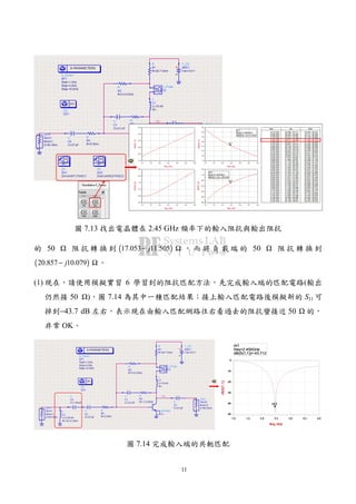 11
圖 7.13 找出電晶體在 2.45 GHz 頻率下的輸入阻抗與輸出阻抗
的 50 阻 抗 轉 換 到 ( )17.053 11.505j− Ω ， 而 將 負 載 端 的 50 阻 抗 轉 換 到
( )20.857 10.079j− Ω 。
(1) 現在，請使用模擬實習 6 學習到的阻抗匹配方法，先完成輸入端的匹配電路(輸出
仍然接 50 )，圖 7.14 為其中一種匹配結果；接上輸入匹配電路後模擬新的 S11 可
掉到−43.7 dB 左右，表示現在由輸入匹配網路往右看過去的阻抗蠻接近 50 的，
非常 OK。
圖 7.14 完成輸入端的共軛匹配
 