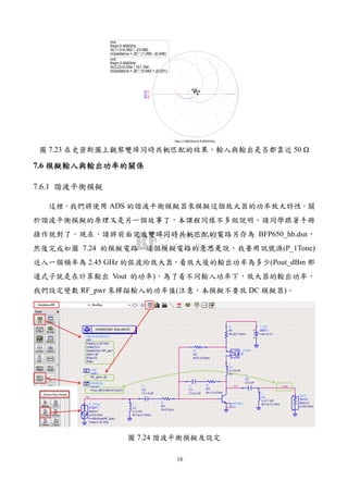 16
圖 7.23 在史密斯圖上觀察雙埠同時共軛匹配的結果，輸入與輸出是否都靠近 50
7.6 模擬輸入與輸出功率的關係模擬輸入與輸出功率的關係模擬輸入與輸出功率的關係模擬輸入與輸出功率的關係
7.6.1 諧波平衡模擬
這裡，我們將使用 ADS 的諧波平衡模擬器來模擬這個放大器的功率放大特性。關
於諧波平衡模擬的原理又是另一個故事了，本課程同樣不多做說明，請同學跟著手冊
操作就對了。現在，請將前面完成雙埠同時共軛匹配的電路另存為 BFP650_hb.dsn，
然後完成如圖 7.24 的模擬電路。這個模擬電路的意思是說，我要用訊號源(P_1Tone)
送入一個頻率為 2.45 GHz 的弦波給放大器，看放大後的輸出功率為多少(Pout_dBm 那
道式子就是在計算輸出 Vout 的功率)。為了看不同輸入功率下，放大器的輸出功率，
我們設定變數 RF_pwr 來掃描輸入的功率值(注意，本模擬不要放 DC 模擬器)。
圖 7.24 諧波平衡模擬及設定
freq (1.000GHz to 4.000GHz)
S(1,1)
m4
S(2,2)
m5
m4
freq=
S(1,1)=0.052 / -23.580
impedance = Z0 * (1.099 - j0.046)
2.450GHz
m5
freq=
S(2,2)=0.034 / 151.164
impedance = Z0 * (0.942 + j0.031)
2.450GHz
 