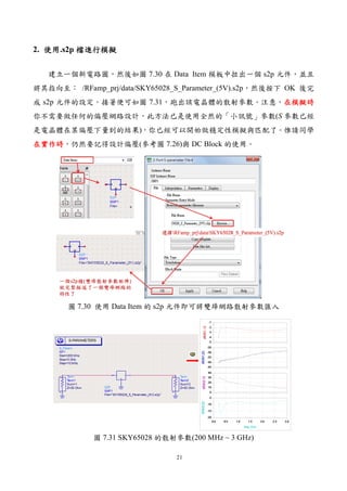 21
2. 使用使用使用使用.s2p 檔檔檔檔進行模擬進行模擬進行模擬進行模擬
建立一個新電路圖，然後如圖 7.30 在 Data Item 模板中拉出一個 s2p 元件，並且
將其指向至： /RFamp_prj/data/SKY65028_S_Parameter_(5V).s2p，然後按下 OK 後完
成 s2p 元件的設定。接著便可如圖 7.31，跑出該電晶體的散射參數。注意，在模擬時在模擬時在模擬時在模擬時
你不需要做任何的偏壓網路設計，此方法已是使用全然的「小訊號」參數(S 參數已經
是電晶體在某偏壓下量到的結果)，你已經可以開始做穩定性模擬與匹配了。惟請同學
在實作時在實作時在實作時在實作時，仍然要記得設計偏壓(參考圖 7.26)與 DC Block 的使用。
圖 7.30 使用 Data Item 的 s2p 元件即可將雙埠網路散射參數匯入
圖 7.31 SKY65028 的散射參數(200 MHz ~ 3 GHz)
 