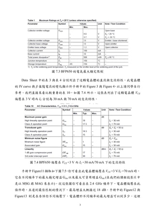 3
圖 7.3 BFP650 的電氣最大額定限制
Data Sheet 中的表 3 與表 4 分別列出了這顆電晶體的直流與交流特性，此電晶體
的 IV curve 與 β 值隨電流的變化顯示於手冊中的 Figure 3 與 Figure 4，以上請同學自行
參考。我們直接來看比較重要的表 10，如圖 7.4 所示。這張表列出了這顆電晶體 VCE
偏壓在 3 V 時而 IC 分別為 30 mA 與 70 mA 的交流特性。
圖 7.4 BPF650 偏壓在 VCE =3 V 而 IC =30 mA/70 mA 下的交流特性
手冊中Figure11擷取如下圖7.5，你可看出此電晶體偏壓在VCE =3 V/IC =70 mA時，
它在不同頻率下的最大穩定增益 Gms 以及最大可資用增益 Gma (在我們的課程投影片中
是以 MSG 跟 MAG 來表示)。從這張圖你可看出在 2.4 GHz 頻率下，電晶體偏壓在此
條件時，且達到最佳匹配的情況下，最高增益大概接近 18 dB。手冊中的 Figure12 與
Figure13 則是在告訴你不同偏壓下，電晶體於不同頻率的最大增益可以到多少。這裡
 