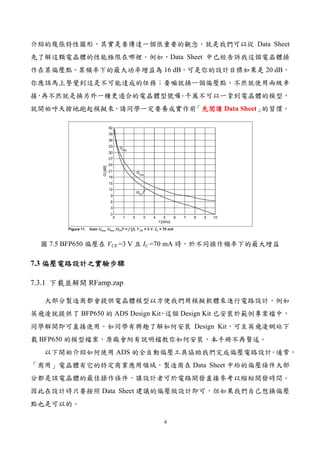 4
介紹的幾張特性圖形，其實是要傳達一個很重要的觀念，就是我們可以從 Data Sheet
先了解這顆電晶體的性能極限在哪裡。例如，Data Sheet 中已經告訴我這個電晶體操
作在某偏壓點、某頻率下的最大功率增益為 16 dB，可是你的設計目標如果是 20 dB，
你應該馬上警覺到這是不可能達成的任務；要嘛就換一個偏壓點，不然就使用兩級串
接，再不然就是換另外一種更適合的電晶體型號囉。千萬不可以一拿到電晶體的模型，
就開始呼天搶地跑起模擬來，請同學一定要養成實作前「先閱讀先閱讀先閱讀先閱讀 Data Sheet」的習慣。
圖 7.5 BFP650 偏壓在 VCE =3 V 且 IC =70 mA 時，於不同操作頻率下的最大增益
7.3 偏壓電路設計之偏壓電路設計之偏壓電路設計之偏壓電路設計之實驗步驟實驗步驟實驗步驟實驗步驟
7.3.1 下載並解開 RFamp.zap
大部分製造商都會提供電晶體模型以方便我們用模擬軟體來進行電路設計，例如
英飛凌就提供了 BFP650 的 ADS Design Kit，這個 Design Kit 已安裝於範例專案檔中，
同學解開即可直接使用。如同學有興趣了解如何安裝 Design Kit，可至英飛凌網站下
載 BFP650 的模型檔案，原廠會附有說明檔教你如何安裝，本手冊不再贅述。
以下開始介紹如何使用 ADS 的全自動偏壓工具協助我們完成偏壓電路設計。通常，
「商用」電晶體有它的特定商業應用領域，製造商在 Data Sheet 中給的偏壓條件大部
分都是該電晶體的最佳操作條件，讓設計者可於電路開發直接參考以縮短開發時間。
因此在設計時只要按照 Data Sheet 建議的偏壓做設計即可，但如果我們自己想換偏壓
點也是可以的。
 