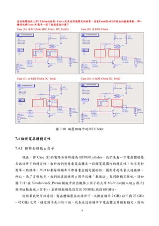 8
圖 7.10 偏壓網路中的 RF Choke
7.4 檢視電晶體穩定性檢視電晶體穩定性檢視電晶體穩定性檢視電晶體穩定性
7.4.1 觀察全頻段μ因子
現在，將 Case (C)的電路另存新檔為 BFP650_stb.dsn，我們來看一下電晶體偏壓
在此條件下的穩定性。由於我們想要看電晶體在一段頻寬範圍內的穩定性，而不是針
對單一點頻率，所以如果每個頻率下都要畫出穩定圓的話，圖形看起來會太過複雜。
所以，為了方便起見，我們就直接使用μ因子這種「數值法」來判斷穩定性吧。請如
圖 7.11，在 Simulation-S_Param 模板中拉出觀察μ因子的元件 MuPrime(輸入端μ因子)
與 Mu(輸出端μ因子)，並將模擬頻段設定從 50 MHz 跑到 60 GHz。
從結果我們可以看到，電晶體偏壓在此條件下，大概在頻率 2 GHz 以下與 23 GHz
~ 42 GHz 之間，穩定因子是小於 1 的，代表在這些頻率下電晶體並非絕對穩定，因而
 