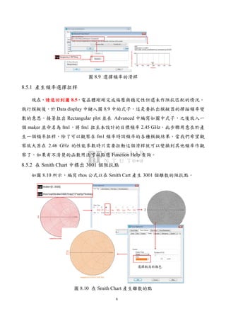 6
圖 8.9 選擇頻率的滑桿
8.5.1 產生頻率選擇拉桿
現在，請退回到圖請退回到圖請退回到圖請退回到圖 8.5，電晶體剛剛完成偏壓與穩定性但還未作阻抗匹配的情況。
執行模擬後，於 Data display 中鍵入圖 8.9 中的式子，這是要抓出模擬器的掃描頻率變
數的意思。接著拉出 Rectangular plot 並在 Advanced 中編寫如圖中式子，之後放入一
個 maker 並命名為 fm1，將 fm1 拉至本設計的目標頻率 2.45 GHz。此步驟用意在於產
生一個頻率拉桿，除了可以觀察在 fm1 頻率時該頻率的各種模擬結果，當我們希望觀
察放大器在 2.46 GHz 的性能參數時只需要拉動這個滑桿就可以變換到其他頻率作觀
察了。如果有不清楚的函數用法可以點選 Function Help 查詢。
8.5.2 在 Smith Chart 中標出 3001 個阻抗點
如圖 8.10 所示，編寫 rhos 公式以在 Smith Cart 產生 3001 個離散的阻抗點。
圖 8.10 在 Smith Chart 產生離散的點
 