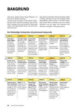 BAKGRUND
1826 skrev skalden Esaias Tegnér följande i ett
brev för att beskriva Varberg:
”Varberg utan all fråga är det fulaste ställe i
Sverige; det är Nordens sanddosa, icke ett träd,
icke en skugga, icke en grön fläck så långt ögat
räcker, blott flintskalliga berg, och salt vatten
och skrivsand.”

Idag skulle nog få kalla Varberg det fulaste stället
i Sverige, och detta är tack vare händelser både
långt tillbaka i tiden och hur vi utvecklar staden
idag. Nedan följer en tidslinje som visar viktiga
händelser som på något sätt förändrat den
allmänna utemiljön i Varbergs kommun:

Hur flintskalliga Varberg blev ett grönskande badparadis
1200-tal

1600-tal

1810-tal

1850-tal

1860-tal

1870-tal

Fästningen
börjar byggas.
Varberg var
då kalt fram
till digerdöden
på 1350-talet.
Färre människor medförde
att landskapet
växte igen.

Ekskogar höggs
ner bland annat
för att bygga
ett pålverk runt
fästningen. Avverkningen fortsatte och nådde
sin kulmen på
1800-talet.

Svartekällan
hittas vilket
blir grunden för
Varberg som
brunns- och kurort. Inom 25 år
byggs Brunnsparken och Varmbadhuset. De
binds ihop med
den nya Sjöallén.

Societetsparken,
då en privat
inhägnad park,
anläggs. Parken
hette Badhusparken innan
Societetshuset
byggdes 1884.

Engelska parken
Varbergs första
allmänna park,
anläggs.

Påskbergsskogen planteras
genom initiativ
från rektorn H.
Rodhe. Sällskapet småfåglarnas
vänner bildas,
de tar hand om
och planterar de
flesta av stadens
parker.

1880-tal

1890-tal

1900-tal

1910-tal

1920-tal

1930-tal

Bexells stenar
börjar tala i Torstorps bokskog
under ledning av
godsherren och
riksdagsmannen
A. Bexell. Stenarna ”återupptäcktes” 1925.

Spontana nakenbad uppstår
i anslutning till
stenhuggeriverkstäderna.
Damernas och
herrarnas friluftsbad var insynsskyddade.

Barrträd börjar planteras i
större skala. Det
öppna landskapet omvandlas
på många ställen
till granplanteringar, en miljö
som inte tidigare
funnits i Varberg

Strandpromenaden byggs.
Promenerandet
var ett viktigt
inslag i kurorternas behandlingsprogram, frisk
havsluft var en
av kurens förnämsta faktorer.

Radiostationen Grimeton
invigs och
blir den första
direkta radioförbindelsen mellan
Sverige och USA.
År 2004 tas den
upp på UNESCOs
världsarvslista.

Nöjesparken
anläggs som en
folkpark med utomhusscen och
dansbanor.

1930-tal

1950-tal

1960-tal

1960-tal

1970-tal

1980-tal

Getterön blir en
del av fastlandet
när Getterövägen
anläggs. År 1970
blir området naturreservat och
idag är det en av
Sveriges bästa
fågellokaler.

Balgö blir Varbergs kommuns
första naturreservat (idag har
vi 31 stycken).

Brunnsbergsskogen och
Furubergsskogen definieras
och planläggs
som natur/park
i samband med
att närliggande
bostadsområden
byggs.

Kommunens
första lekplatser
byggs i samband
med en intensiv
period av bostadsbyggande.

Åkulla bokskogar blir naturreservat, en av
Sveriges främsta
bokskogar för rikedom av hotade
och ovanliga
arter samt riksintresse för både
rekreation och
naturvård.

Breared planteras innan
bostäderna
börjar byggas på
90-talet.

30

Simma, lek och svärma

Det första Kallbadhuset byggs.

 