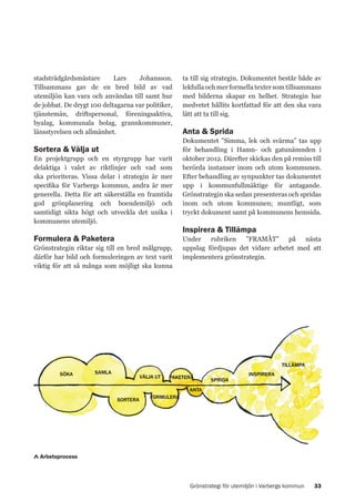 stadsträdgårdsmästare
Lars
Johansson.
Tillsammans gav de en bred bild av vad
utemiljön kan vara och användas till samt hur
de jobbat. De drygt 100 deltagarna var politiker,
tjänstemän, driftspersonal, föreningsaktiva,
byalag, kommunala bolag, grannkommuner,
länsstyrelsen och allmänhet.

Sortera & Välja ut
En projektgrupp och en styrgrupp har varit
delaktiga i valet av riktlinjer och vad som
ska prioriteras. Vissa delar i strategin är mer
specifika för Varbergs kommun, andra är mer
generella. Detta för att säkerställa en framtida
god grönplanering och boendemiljö och
samtidigt sikta högt och utveckla det unika i
kommunens utemiljö.

Formulera & Paketera
Grönstrategin riktar sig till en bred målgrupp,
därför har bild och formuleringen av text varit
viktig för att så många som möjligt ska kunna

ta till sig strategin. Dokumentet består både av
lekfulla och mer formella texter som tillsammans
med bilderna skapar en helhet. Strategin har
medvetet hållits kortfattad för att den ska vara
lätt att ta till sig.

Anta & Sprida
Dokumentet ”Simma, lek och svärma” tas upp
för behandling i Hamn- och gatunämnden i
oktober 2012. Därefter skickas den på remiss till
berörda instanser inom och utom kommunen.
Efter behandling av synpunkter tas dokumentet
upp i kommunfullmäktige för antagande.
Grönstrategin ska sedan presenteras och spridas
inom och utom kommunen; muntligt, som
tryckt dokument samt på kommunens hemsida.

Inspirera & Tillämpa
Under
rubriken ”FRAMÅT”
på
nästa
uppslag fördjupas det vidare arbetet med att
implementera grönstrategin.

TILLÄMPA
SÖKA

SAMLA

VÄLJA UT

PAKETERA

SPRIDA

INSPIRERA

ANTA
SORTERA

FORMULERA

Arbetsprocess

Grönstrategi för utemiljön i Varbergs kommun

33

 