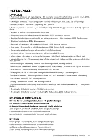 REFERENSER
LITTERATUR

> Aktiverende arkitektur och byplanlægning – 50 eksempler på udvikling af attraktive og aktive byrum. 2009.
Andersen R. Center for Idræt og Arkitektur. Socialministeriet og Danmarks Idræts-Forbund
> A Metropolis for People – visions and goals for urban life in Copenhagen 2015. 2012. City of Copenhagen
> Bostadsnära natur – inspiration & vägledning. 2007. Boverket
> Balanseringsprincipen tillämpad i fysisk samhällsplanering. 2003. Stadsbyggnadskontoren i Helsingborg, Lund &
Malmö
> Grönplan för Malmö. 2003. Gatukontoret, Malmö stad
> Grönstrukturprogram – Ur Översiktsplan för Norrköping. 2002. Norrköpings kommun
> Grøntplan för Oslo – Kommunedelplan för den blågrønne strukturen i Oslos byggesone. 1993. Oslo kommune
> Göteborgs Sociotopkarta. 2011. Göteborgs stad.
> Halmstads gröna värden – från insektsliv till friluftsliv. 2008. Halmstad kommun
> Hela staden – Argument för en grönblå stadsbyggnad. 2011. Movium, SLU & Lunds kommun
> Kompensationsåtgärder för natur och rekreation. 2008. Göteborgs stad
> Låt staden grönska - Klimatanpassning genom grönstruktur. 2010. Boverket
> Möten i staden – Om vikten att se den andre i vardagen. 2006. Malmö Stadsbyggnadskontor, Malmö stad
> Mångfunktionella ytor - Klimatanpassning av befintlig bebyggd miljö i städer och tätorter genom grönstruktur.
2010. Boverket
> Naturvårdsprogram för Varbergs kommun. 2007. Planeringskontoret, Varbergs kommun
> Närnaturboken – Idéer för att utveckla biologisk mångfald. 2006. Isaksson I, Lundwall U. NRS Tryckeri, Huskvarna
> Park och natur – Planeringsunderlag i tre kommuner. 2004. Boverket
> Parkprogram - Ge rum för landskapet! Strategier för landskapet i Göteborg.2007. Göteborgs stad.
> Staden som åkermark - stadsodling i Malmö och New York. 2012. J Jimenez, C Giminez. Eklund Paglert förlag
> Var i Varbergs kommun?. 2012. Varbergs kommun
> Varberg – En kommuns historia. 1993. Varbergs kommun
> Vindkraft i Hallands län – Beskrivning av det halländska landskapet ur ett vindkraftsperspektiv. 2011. Länsstyrelsen
i Halland
> Översiktsplan för Varbergs kommun. 2010. Varbergs kommun
> Översiktsplan för Varbergs kommun – Fördjupning för stadsområdet. 2010. Varbergs kommun

STRATEGIN ÄR FRAMTAGEN AV
Rebecka Rosén, Landskapsarkitekt, Hamn- och gatuförvaltningen
Erik Hansson, Kommunekolog, Planeringskontoret
Liv Sonntag, Stadsträdgårdsmästare, Hamn- och gatuförvaltningen
Jenny Bergström, Enhetschef, Gata&Park, Hamn- och gatuförvaltningen
Kristina Hellerström, Planarkitekt, Stadsbyggnadskontoret
Andreas Lindqvist, Landskapsarkitekt, Hamn- och gatuförvaltningen

Styrgrupp
Stefan Eglinger, Förvaltningschef, Hamn- och gatuförvaltningen	
Göran Johansson, Stadsbyggnadschef, Stadsbyggnadskontoret
Jan Malmgren, Samhällsplaneringschef, Planeringskontoret
Anders Ramsby, Förvaltningschef, Kultur- och fritidsförvaltningen
Grönstrategi för utemiljön i Varbergs kommun

35

 