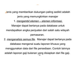 14
Jenis yang memberikan dukungan paling sedikit adalah
jenis yang memungkinkan manajer
1. mengambil elemen – elemen informasi.
Manajer dapat bertanya pada database untuk
mendapatkan angka penjualan dari salah satu wilayah
pemasaran.
2. menganalisis semua file. Manajer dapat bertanya pada
database mengenai suatu laporan khusus yang
menggunakan data dari file persediaan. Contoh lainnya
adalah laporan gaji bulanan yang disiapkan dari file gaji.
 