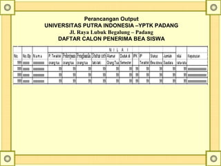 Perancangan Output
UNIVERSITAS PUTRA INDONESIA –YPTK PADANG
Jl. Raya Lubuk Begalung – Padang
DAFTAR CALON PENERIMA BEA SISWA
 