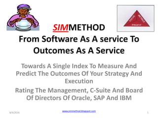 SIMMETHOD
From Software As A service To
Outcomes As A Service
Towards A Single Index To Measure And
Predict The Outcomes Of Your Strategy And
Execution
Rating The Management, C-Suite And Board
Of Directors Of Oracle, SAP And IBM
8/9/2016 1
www.simmethod.blogspot.com
 