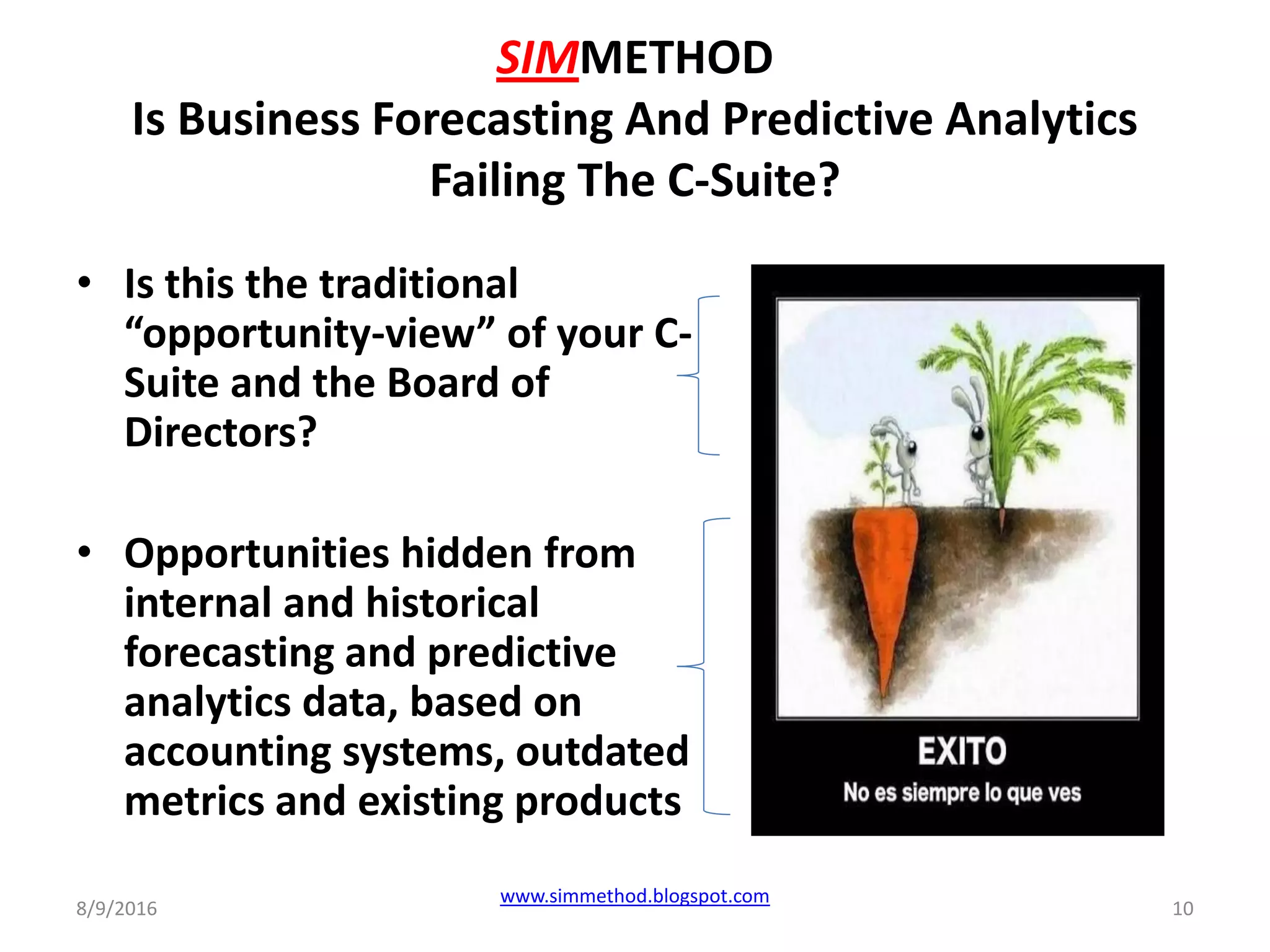 SIMMETHOD
Is Business Forecasting And Predictive Analytics
Failing The C-Suite?
• Is this the traditional
“opportunity-view” of your C-
Suite and the Board of
Directors?
• Opportunities hidden from
internal and historical
forecasting and predictive
analytics data, based on
accounting systems, outdated
metrics and existing products
8/9/2016
www.simmethod.blogspot.com
10
 