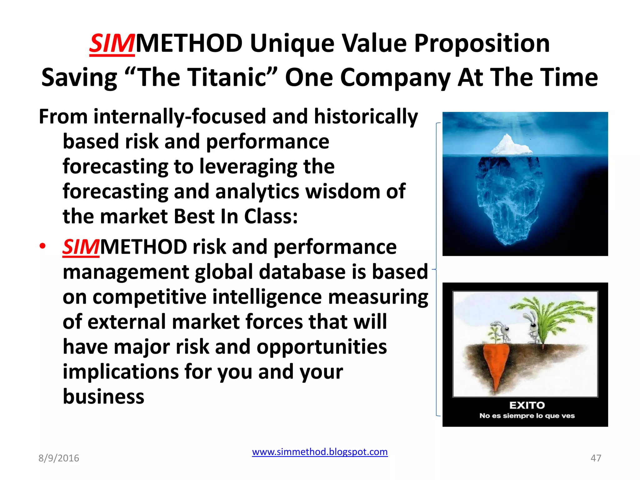 SIMMETHOD Unique Value Proposition
Saving “The Titanic” One Company At The Time
8/9/2016
www.simmethod.blogspot.com
47
From internally-focused and historically
based risk and performance
forecasting to leveraging the
forecasting and analytics wisdom of
the market Best In Class:
• SIMMETHOD risk and performance
management global database is based
on competitive intelligence measuring
of external market forces that will
have major risk and opportunities
implications for you and your
business
 